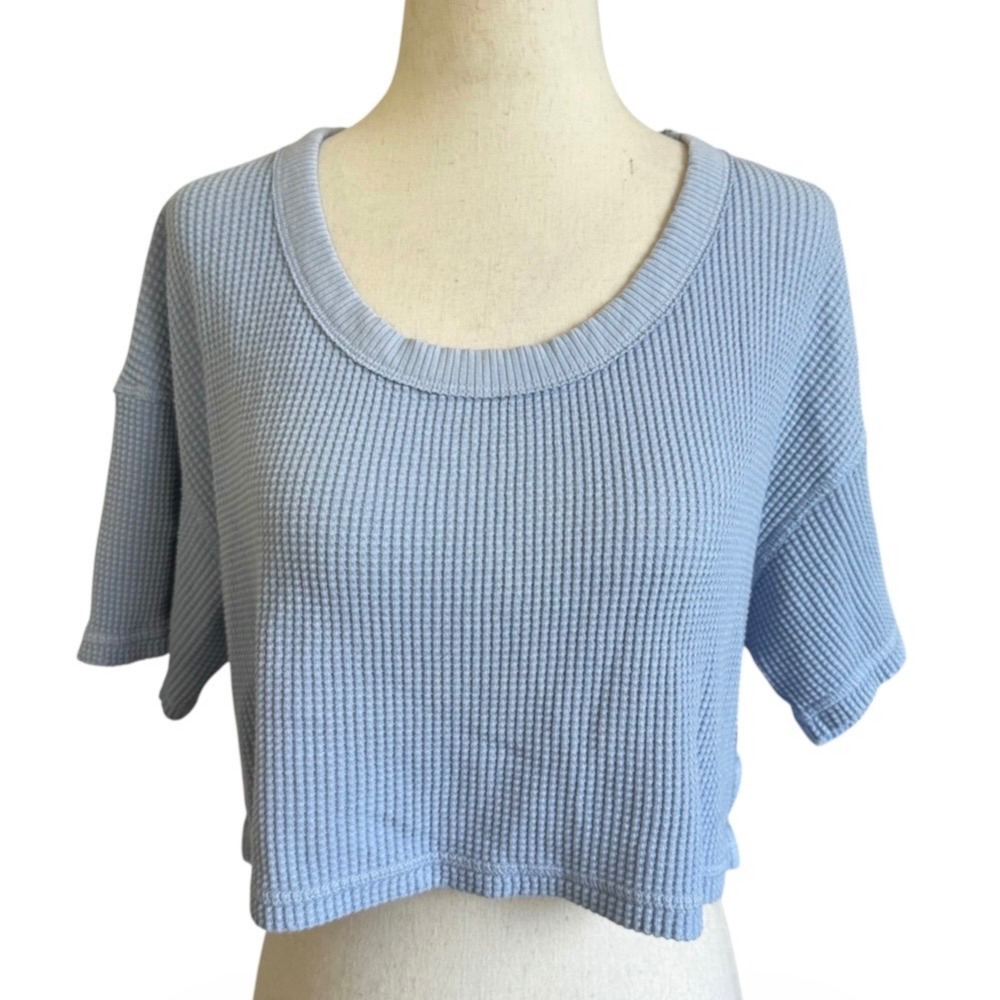 OFFLINE by Aerie Blue Waffle Knit Cropped T-Shirt Womens XS Scoop Neck | 0079